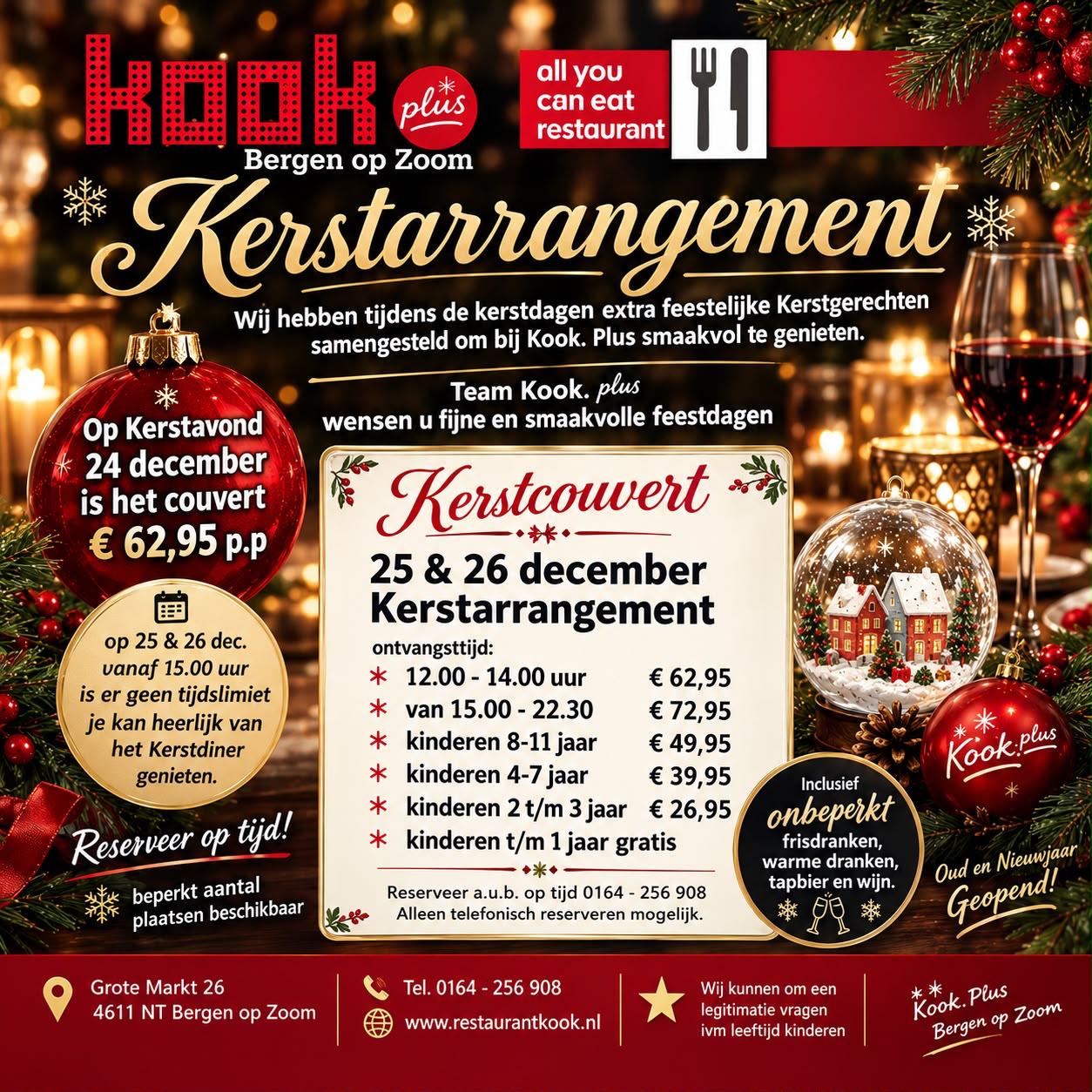 Kerstarrangement 2026 bij Kook Plus Bergen op Zoom – reserveer telefonisch via 0164 256 908